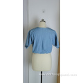 Women's V-Neck Blue Open Navel Short Sleeve Top